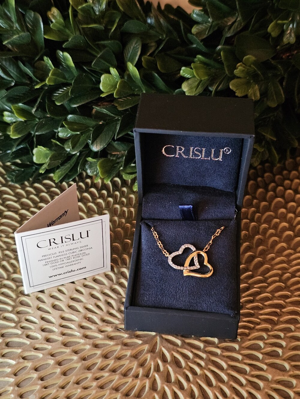 CRISLU Interlocking Double Heart Necklace 18K Gold Plated CZ NIB w/ Warranty